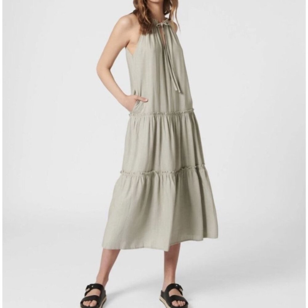 MVN The Label Women's Maxi Halter Dress XS Sage Green Linen Blend Tiered Summer